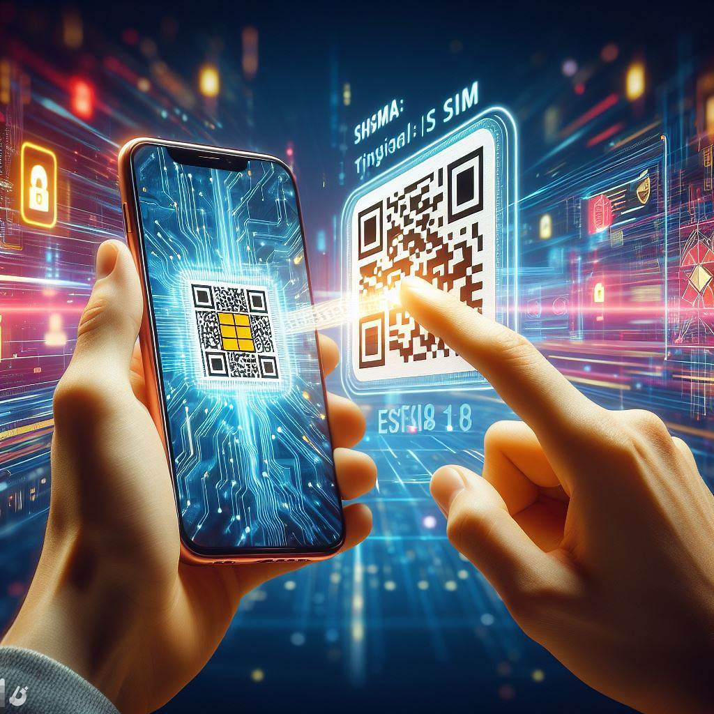 A person holding an iPhone and scanning a QR code displayed on another device to esim carrier activation