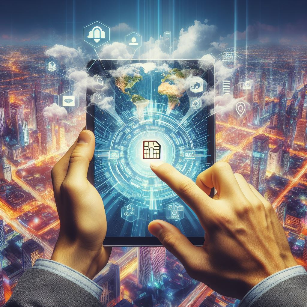 Hands holding a tablet with a virtual SIM card store interface