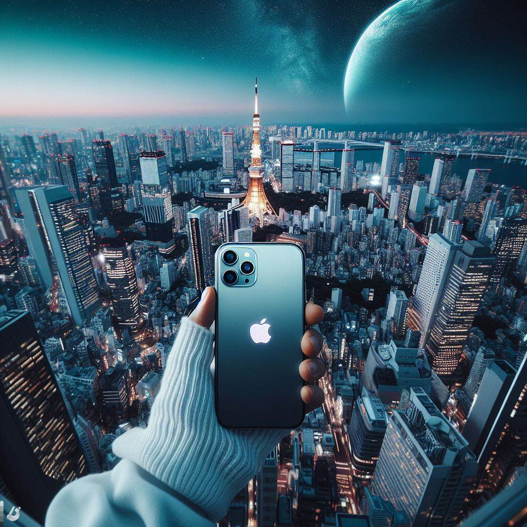 Graphic representation of an eSIM-enabled phone with Tokyo's skyline in the background