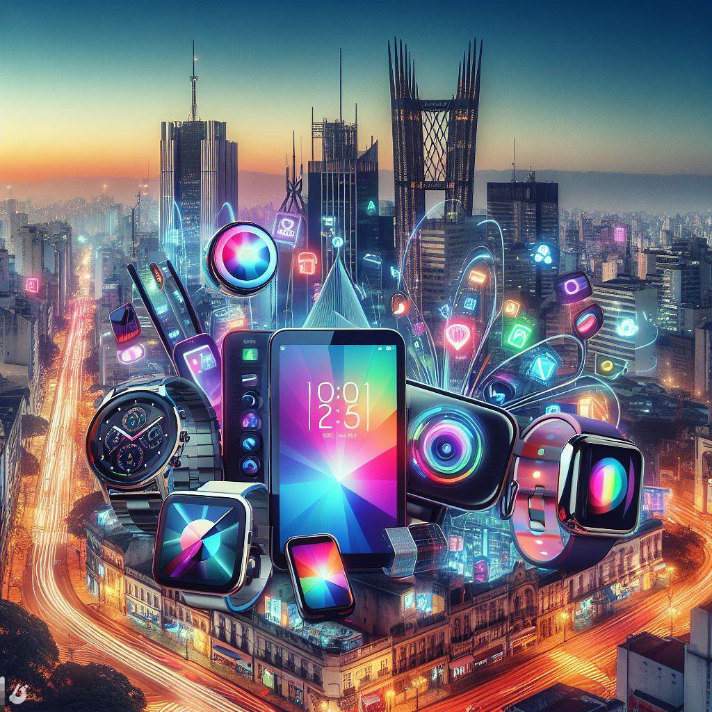 A collage of eSIM-enabled devices including smartphones, tablets, and smartwatches, against the backdrop of iconic Brazilian landmarks