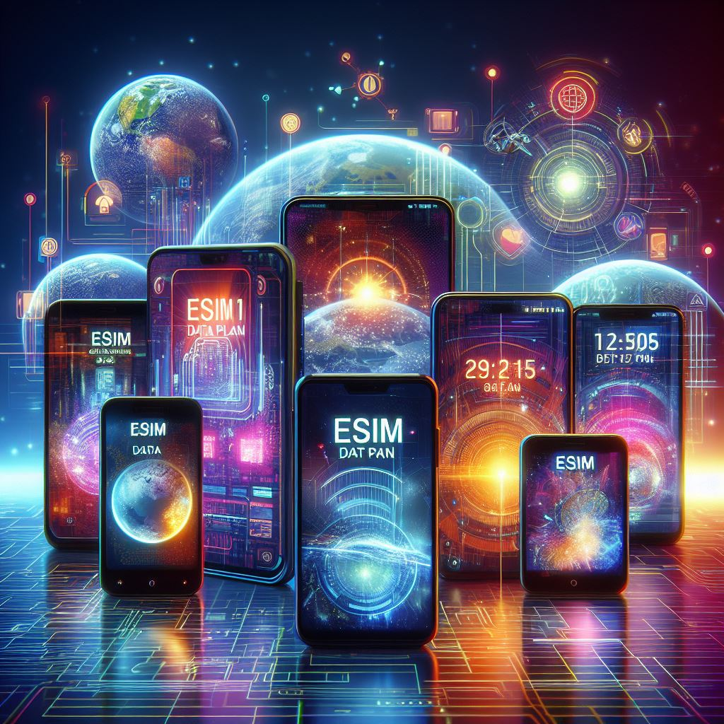 A diverse array of smartphones displaying different eSIM data plans on their screens.