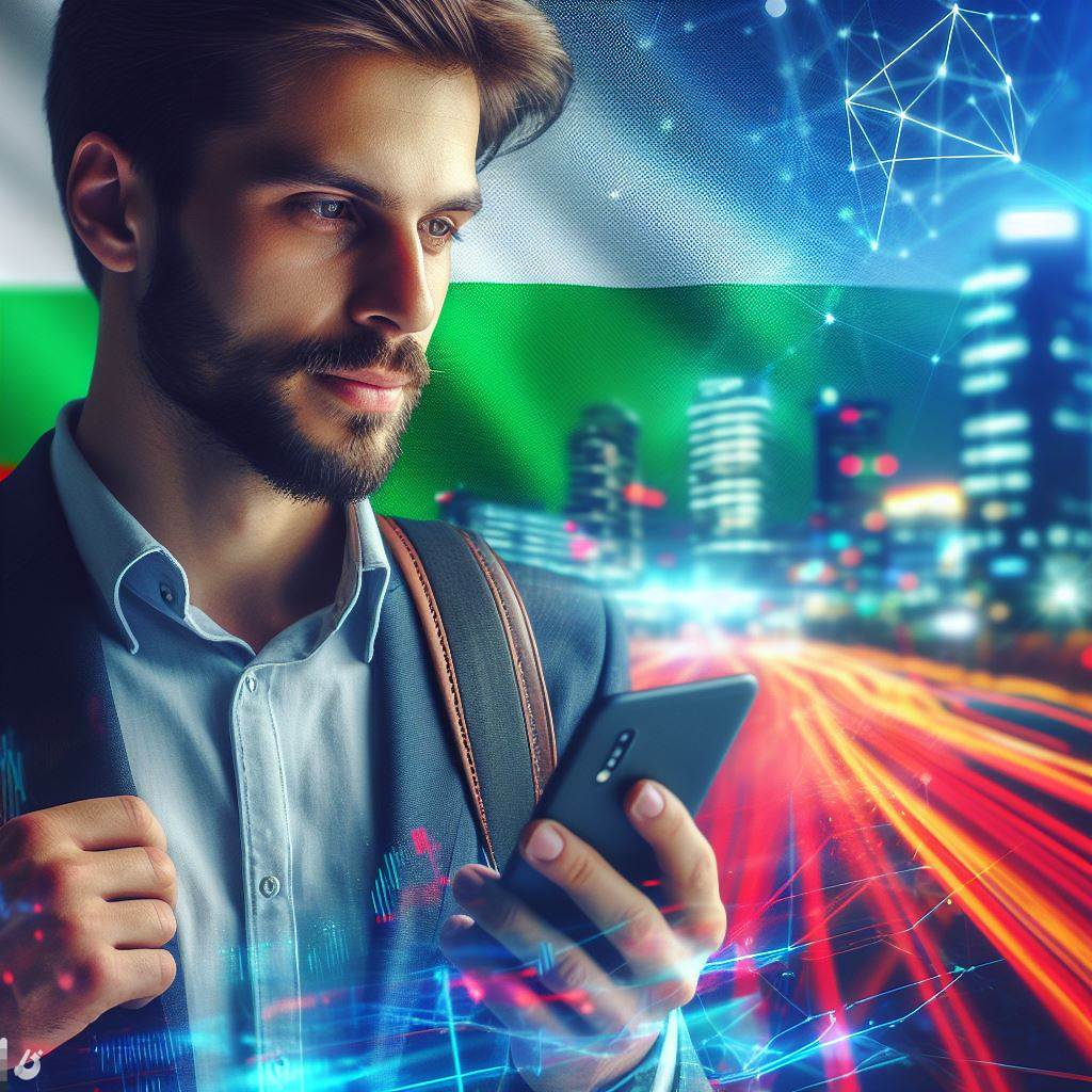 Un viajero con un teléfono inteligente con aplicaciones e íconos de proveedores de eSIM para un fácil acceso