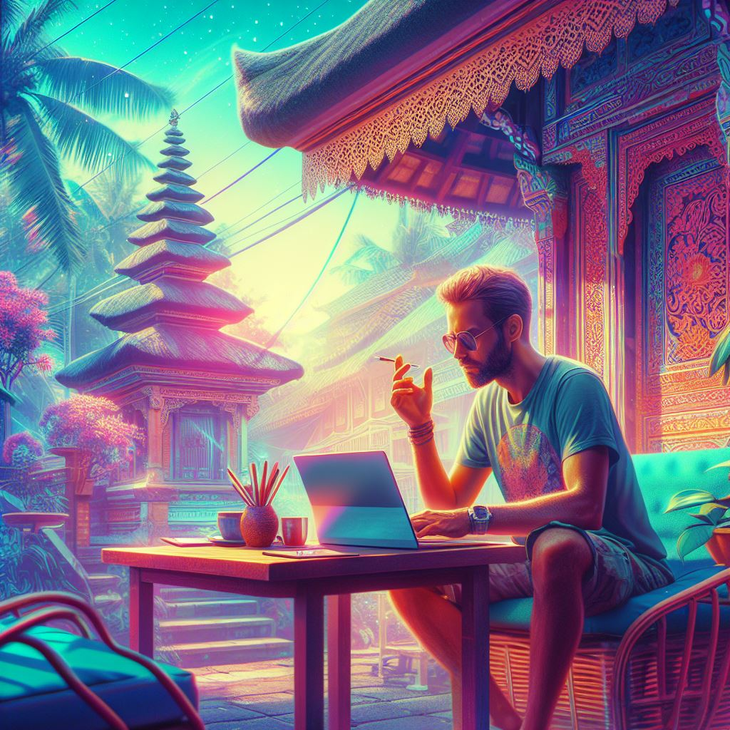 Digital nomad working from a Balinese cafe with eSIM-enabled laptop