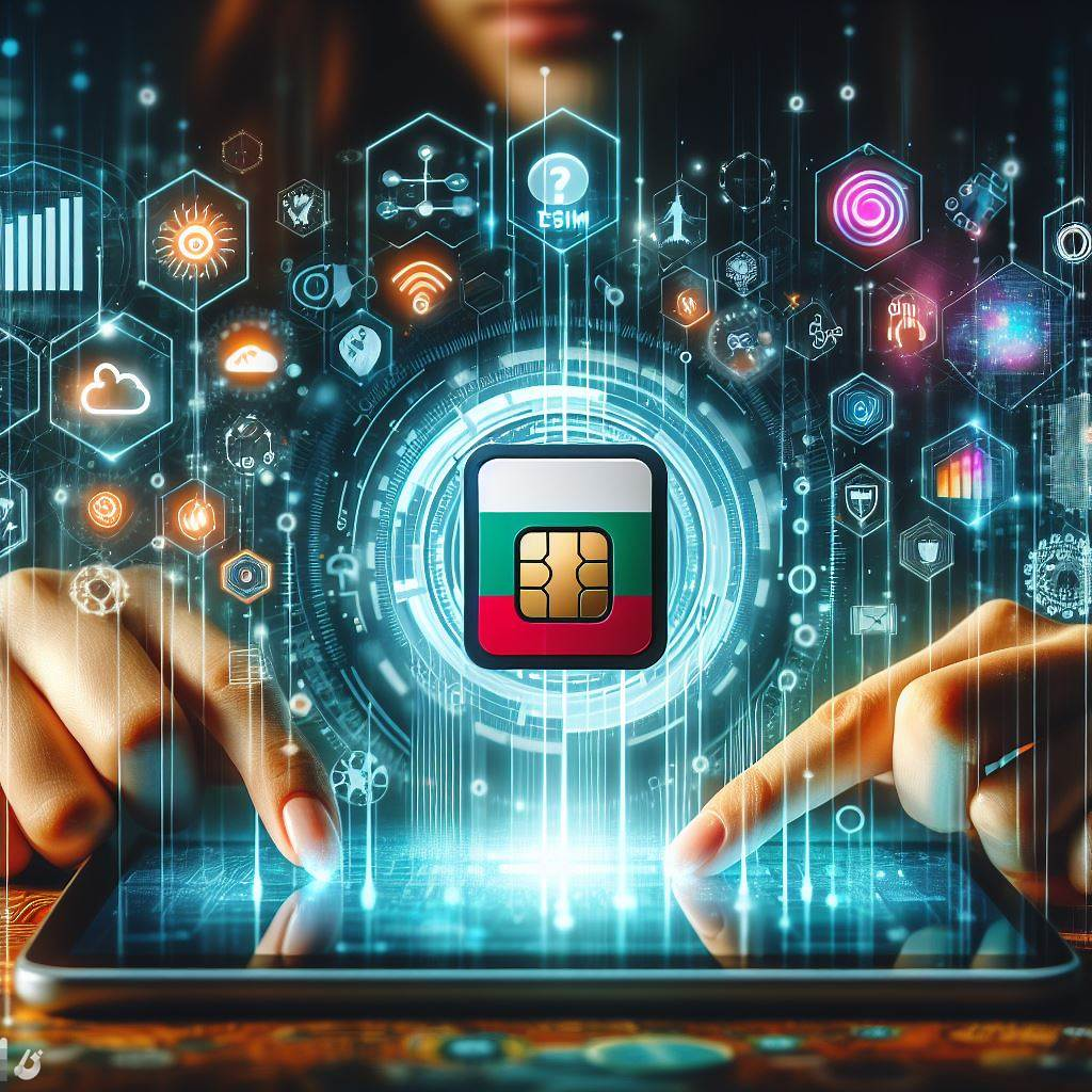 Una persona que usa una tableta con una eSIM, rodeada de íconos de datos y un indicador que indica los datos restantes
