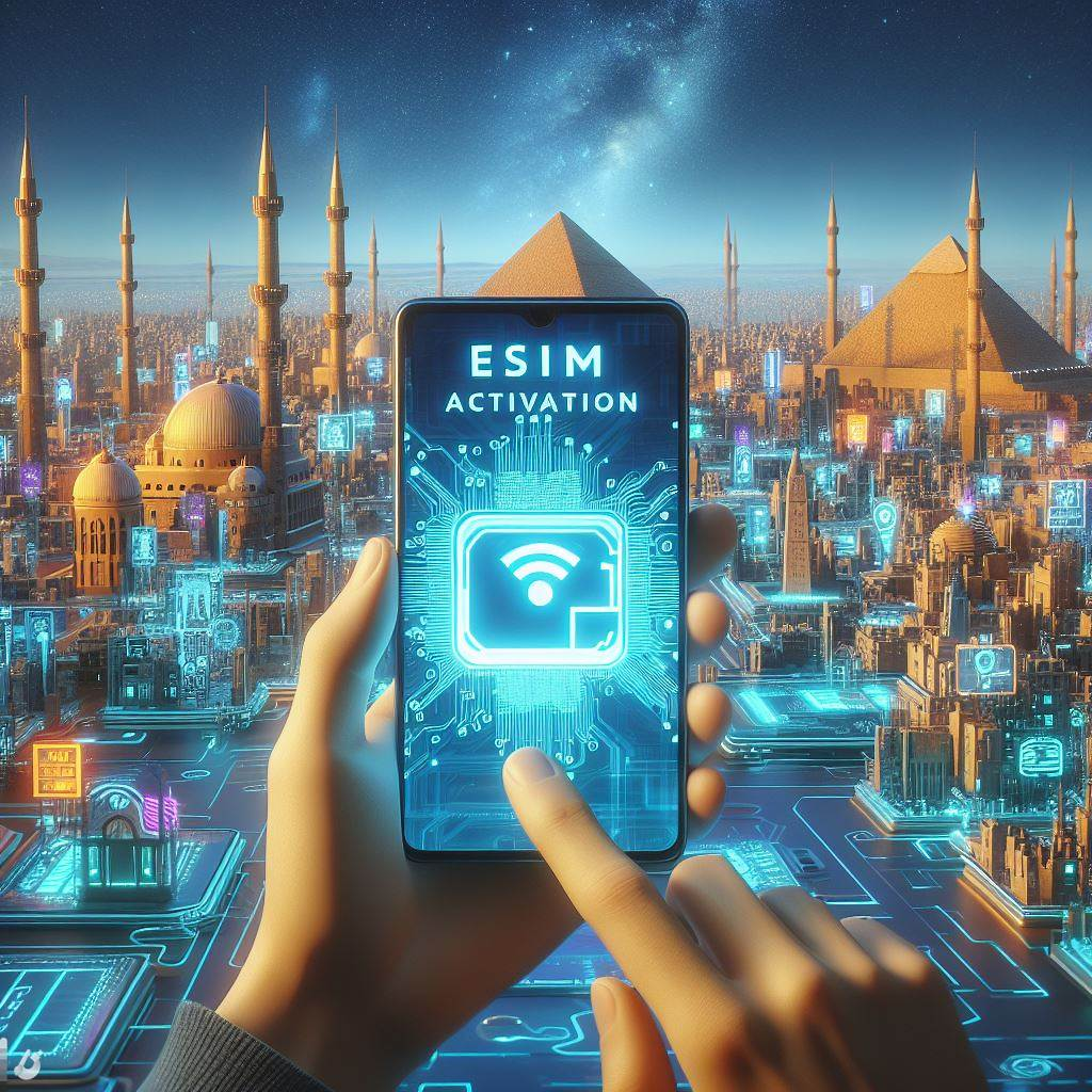 Futuristic imagery of Egypt with eSIM symbols integrated into the landscape