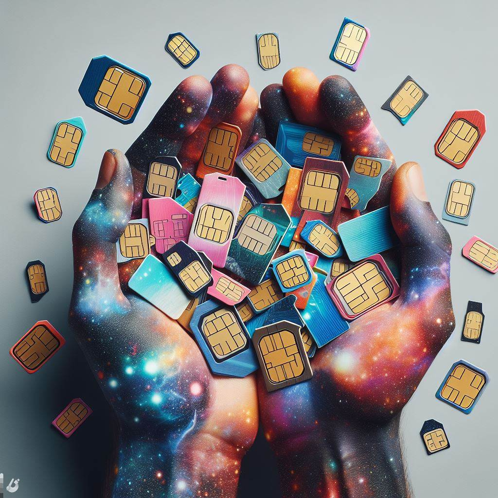 Hands holding a series of physical SIM cards in various sizes