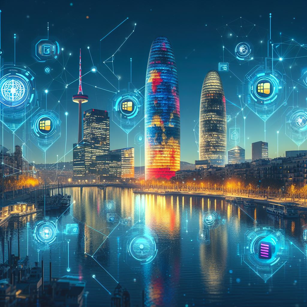Barcelona's skyline with icons representing Global Yo eSIM cards