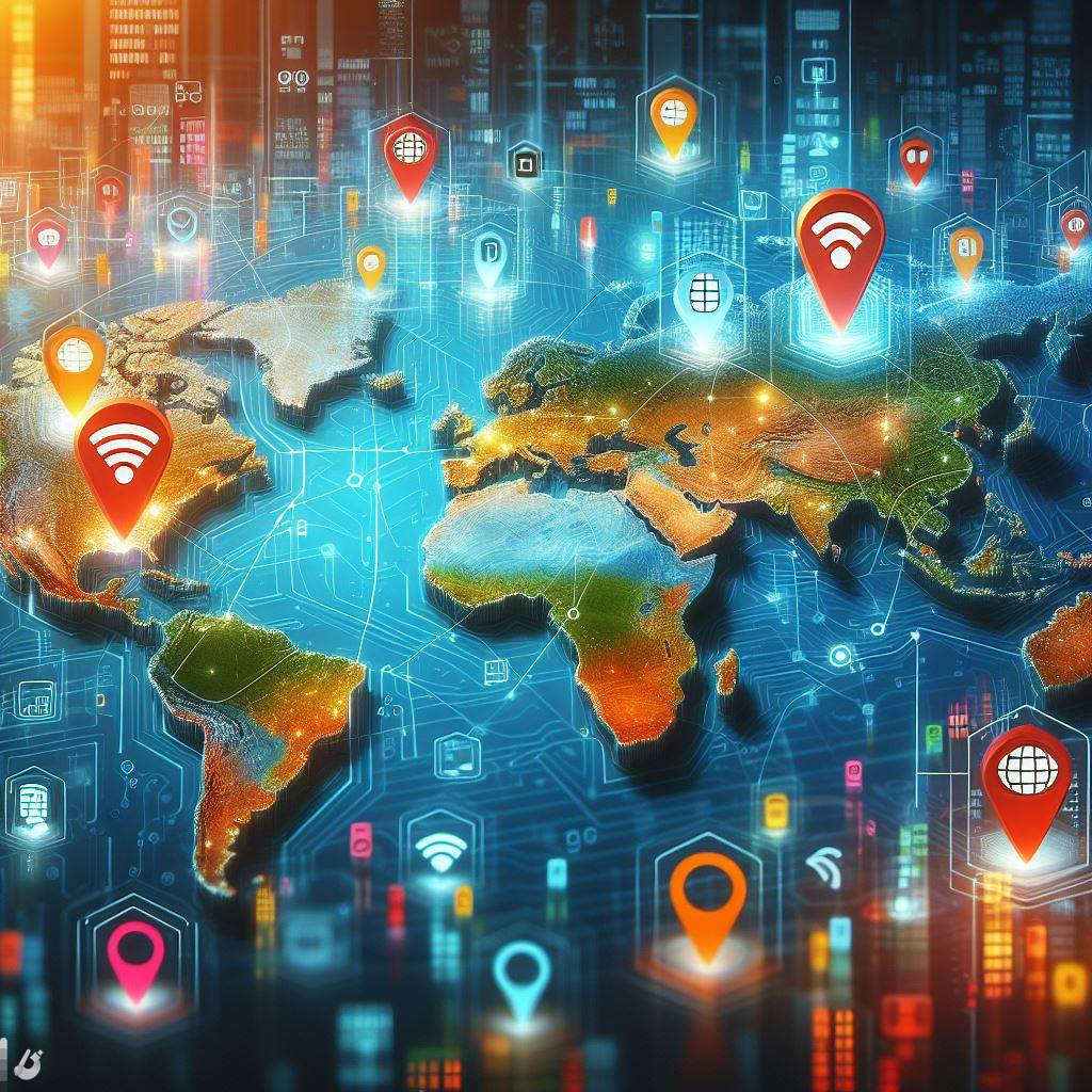 A world map with eSIM logos connected to diverse mobile network symbols