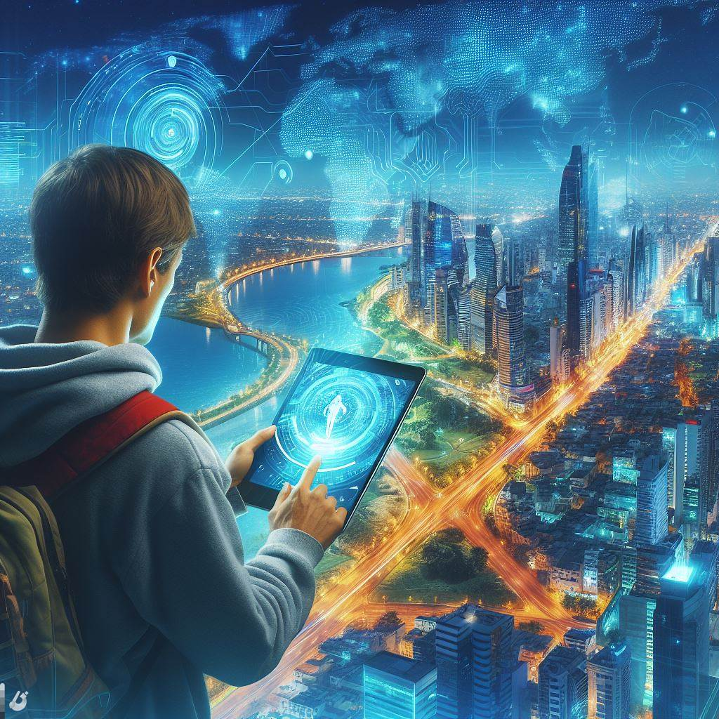 A traveler checking data usage on a tablet with a map of Lima
