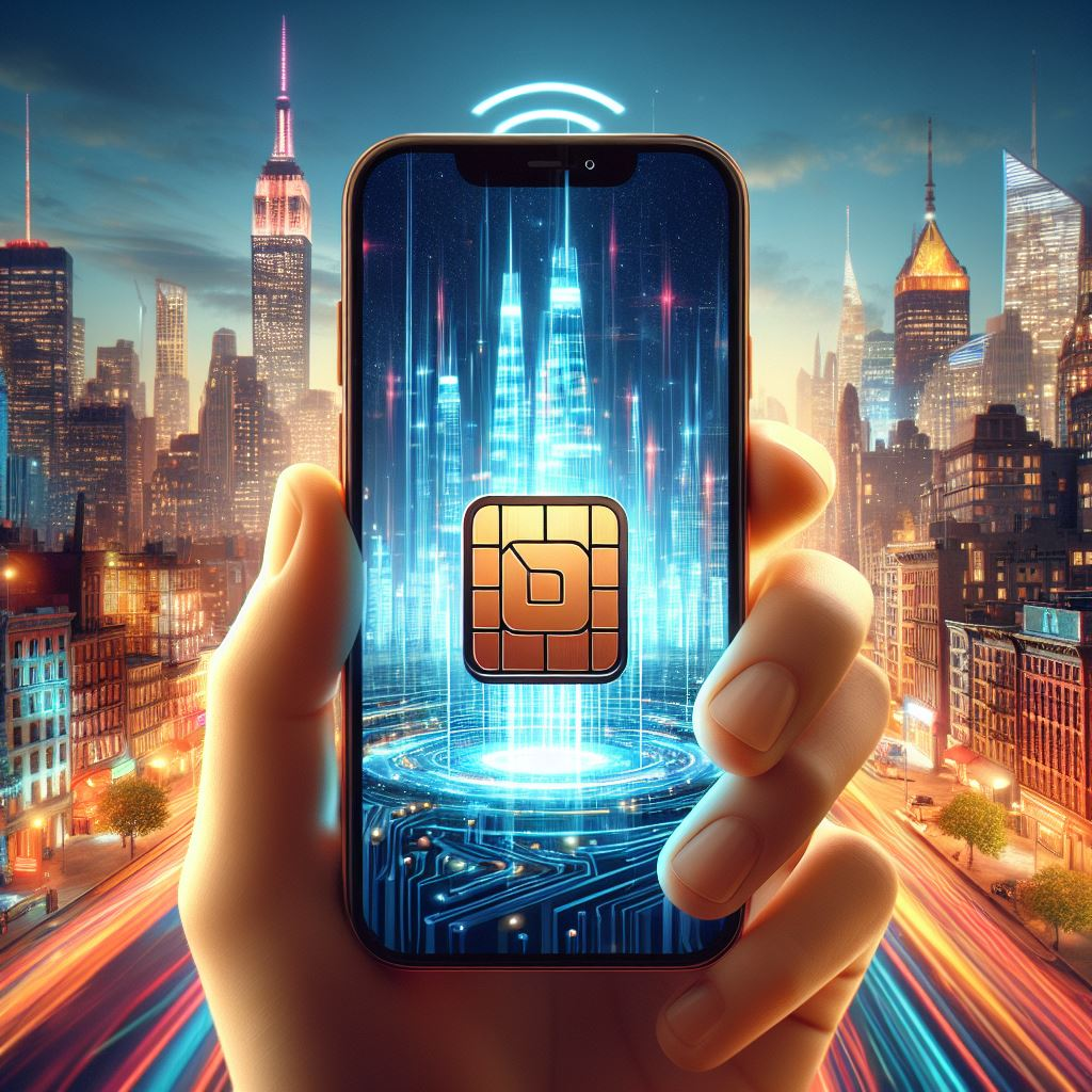 A hand holding a smartphone with a virtual SIM card symbol