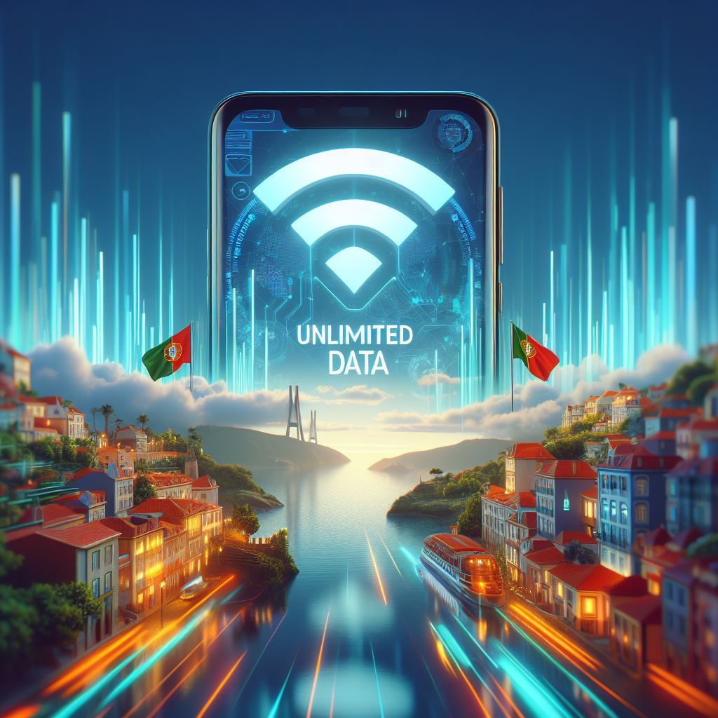 Smartphone with unlimited data symbol and Portuguese landmarks