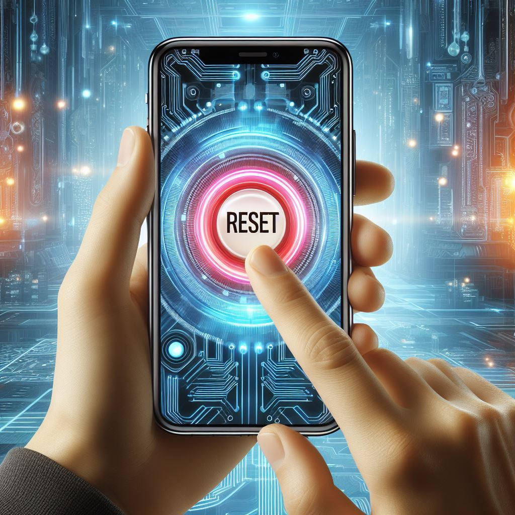 Hand holding iPhone with reset button highlighted