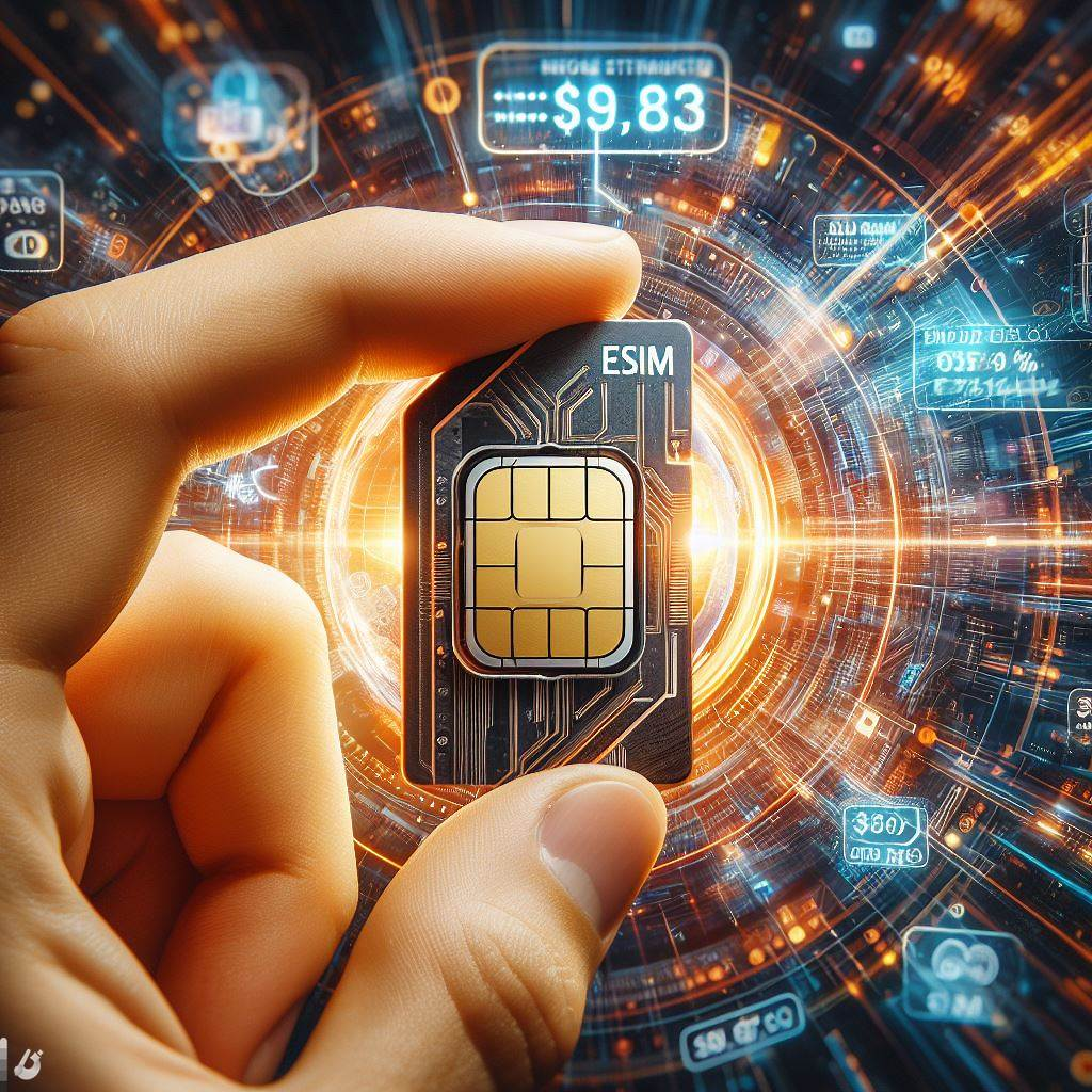 Close-up of hands holding eSIM and traditional SIM cards with price tags