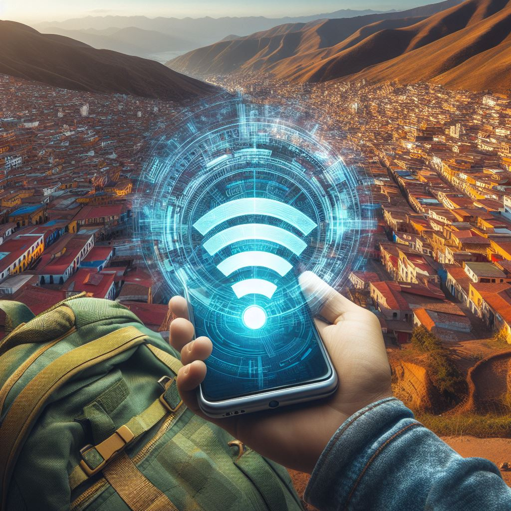 A traveler holding a portable Wi-Fi device in Lima's historical district