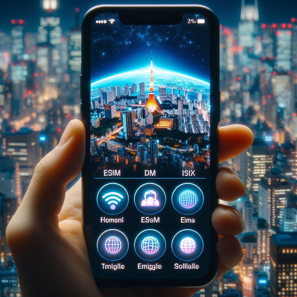Close-up of a phone screen showing eSIM network options in Japanese cities