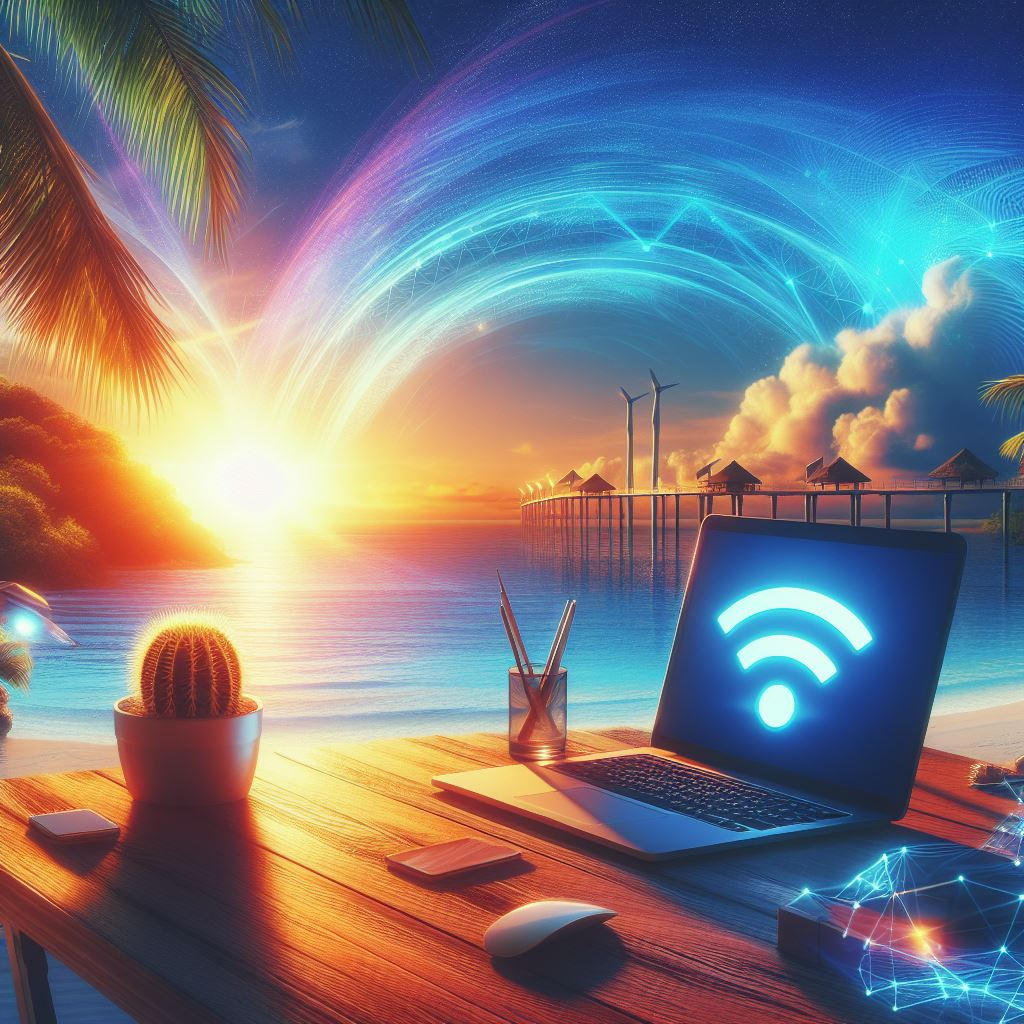 A serene beach setting with a laptop and Wi-Fi symbol