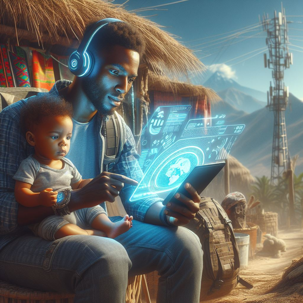 An adventurer at a remote location, confidently using a tablet with an eSIM for internet access