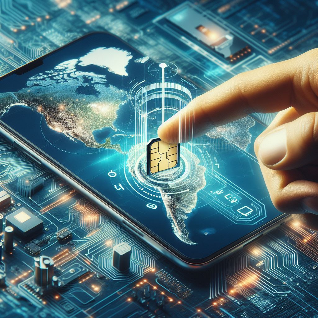Close-up of an eSIM card being inserted into a device with a global map in the background