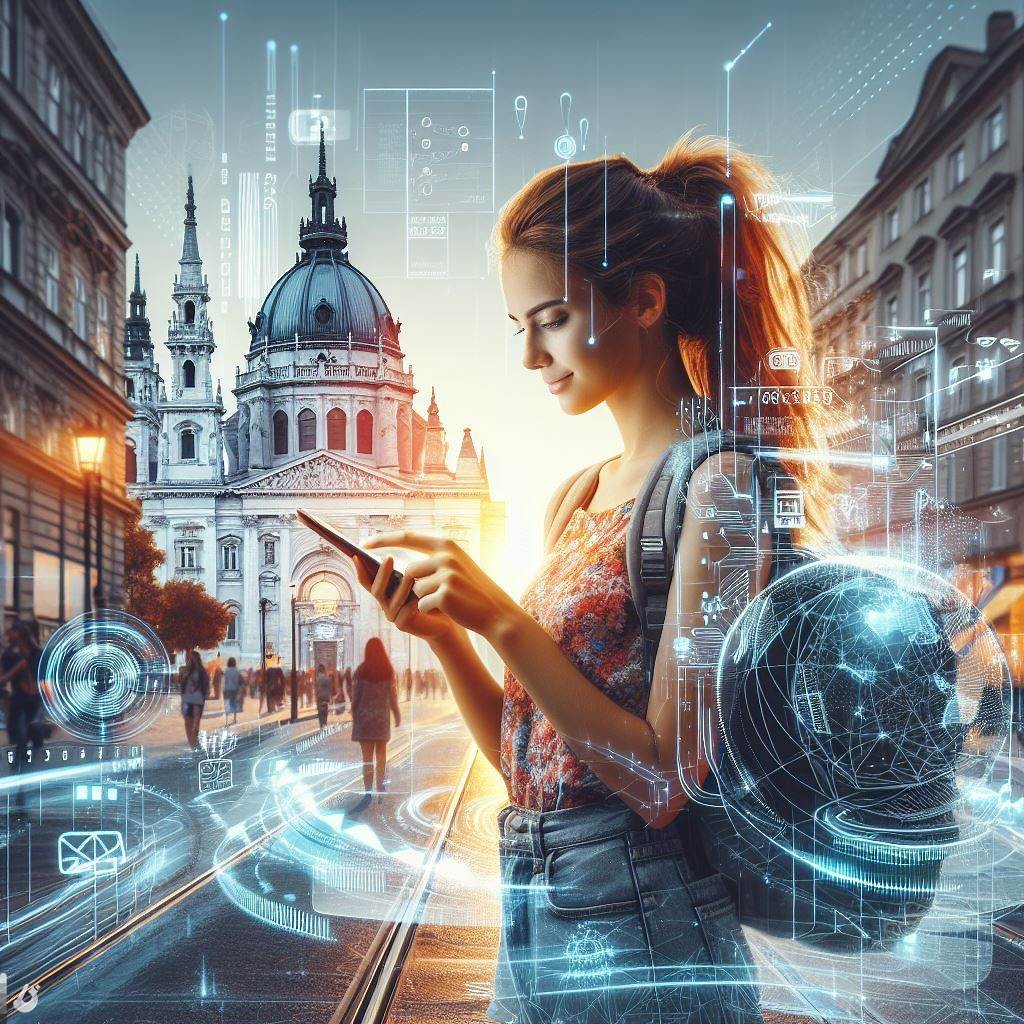 A traveler using a smartphone with Global Yo's eSIM in Budapest