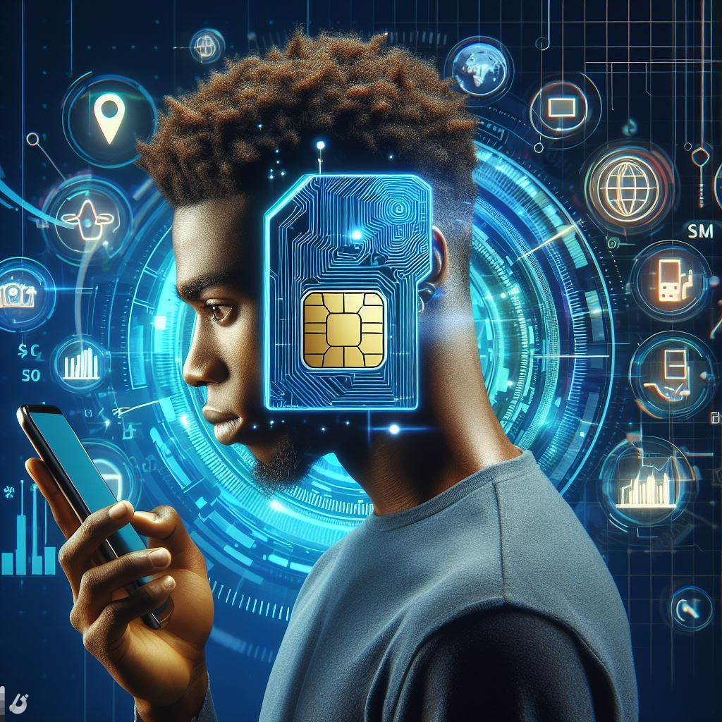 Eine Person hält ein Smartphone mit einer eSIM-Karte in der Hand, umgeben von Symbolen, die Funktionen wie Flexibilität, sofortige Aktivierung und reduzierte physische Unordnung darstellen
