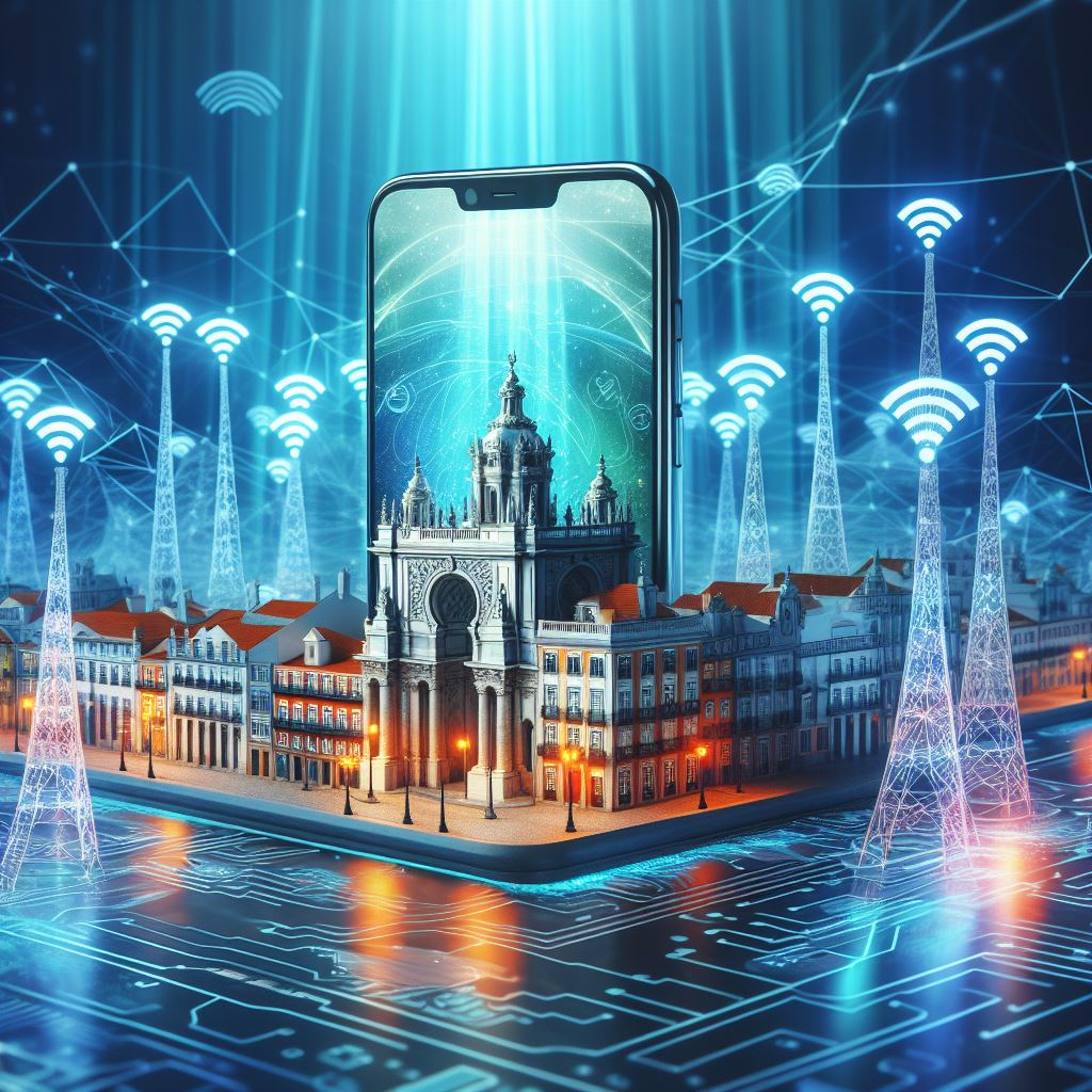 Smartphone surrounded by WiFi signals and Portuguese landmarks