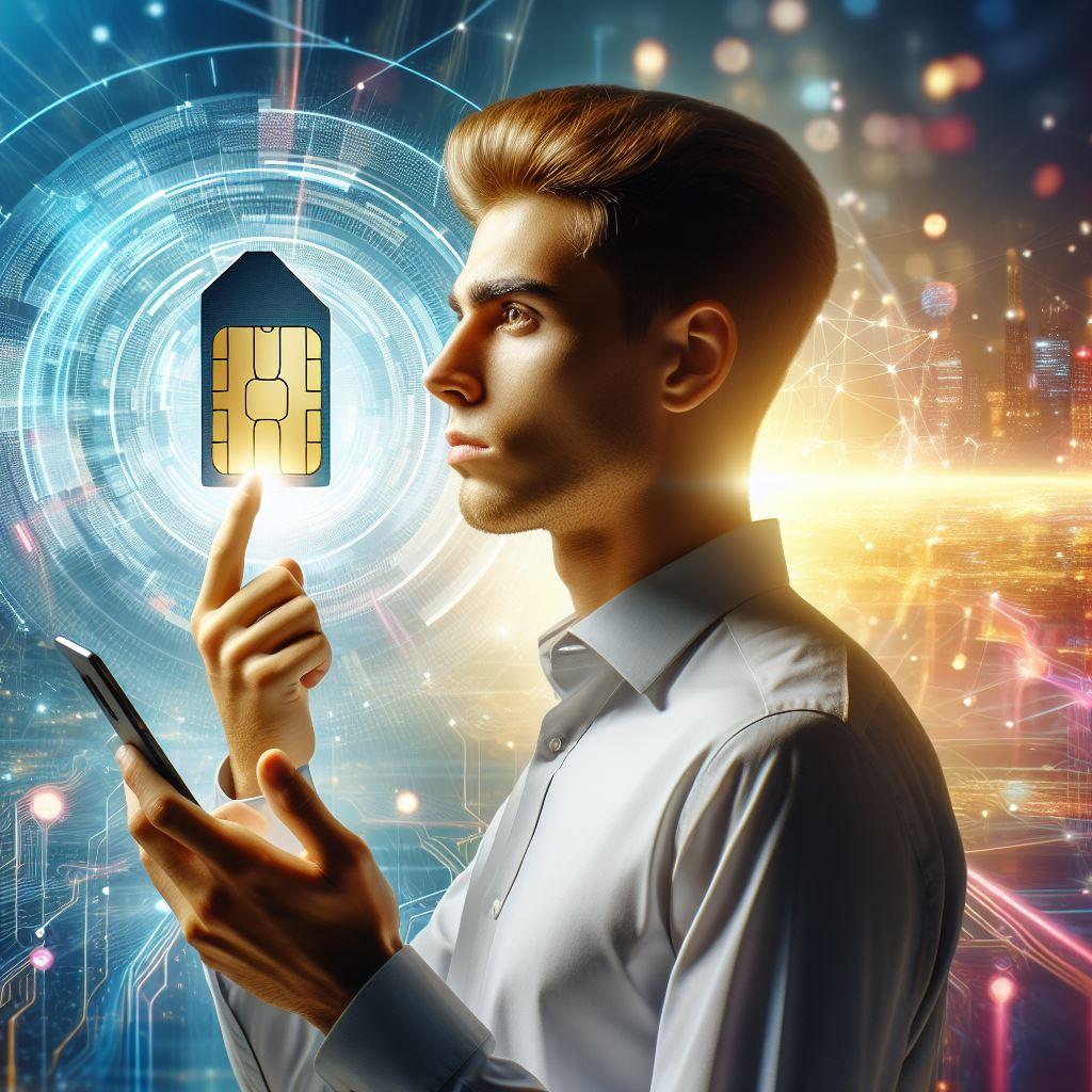 Illustrative Grafik, die eine Hand zeigt, die ein Smartphone mit einer herkömmlichen physischen SIM-Karte hält, die sich in ein eSIM-Symbol verwandelt