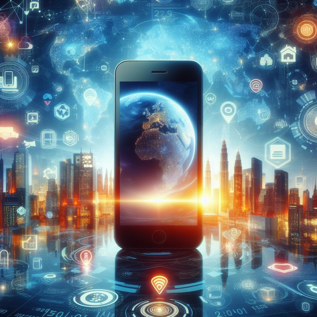 iPhone surrounded by global landmarks and data symbols