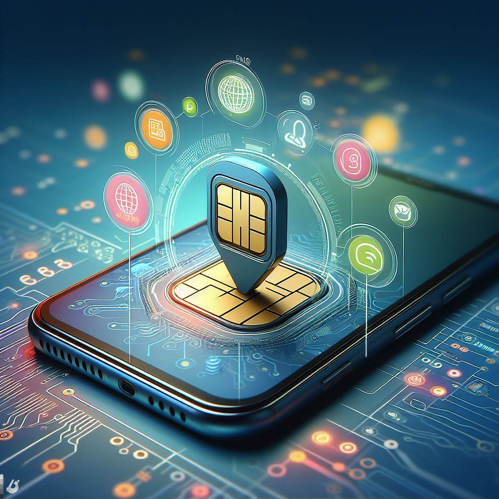 A smartphone with an eSIM icon and icons representing benefits such as flexibility, global coverage, and reduced physical clutter.