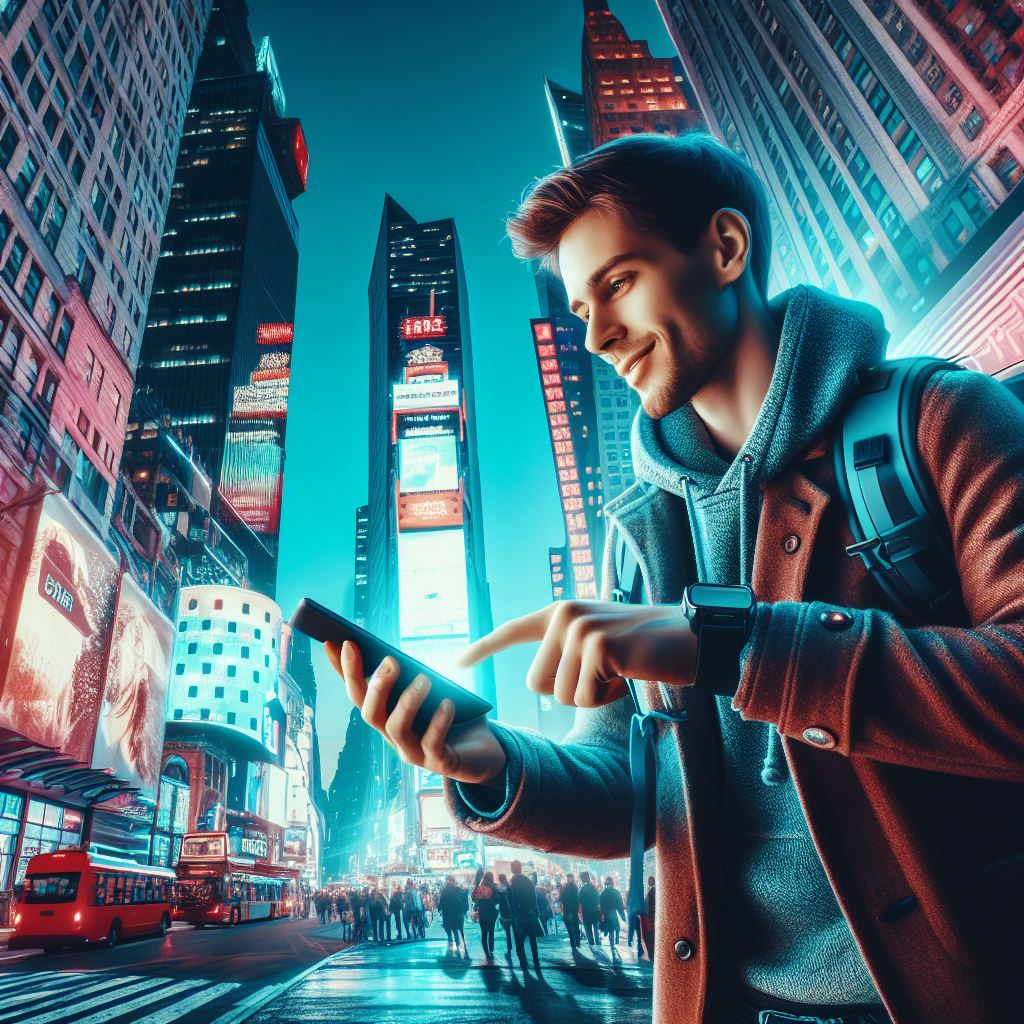 A traveler confidently using a smartphone with eSIM functionality in Times Square