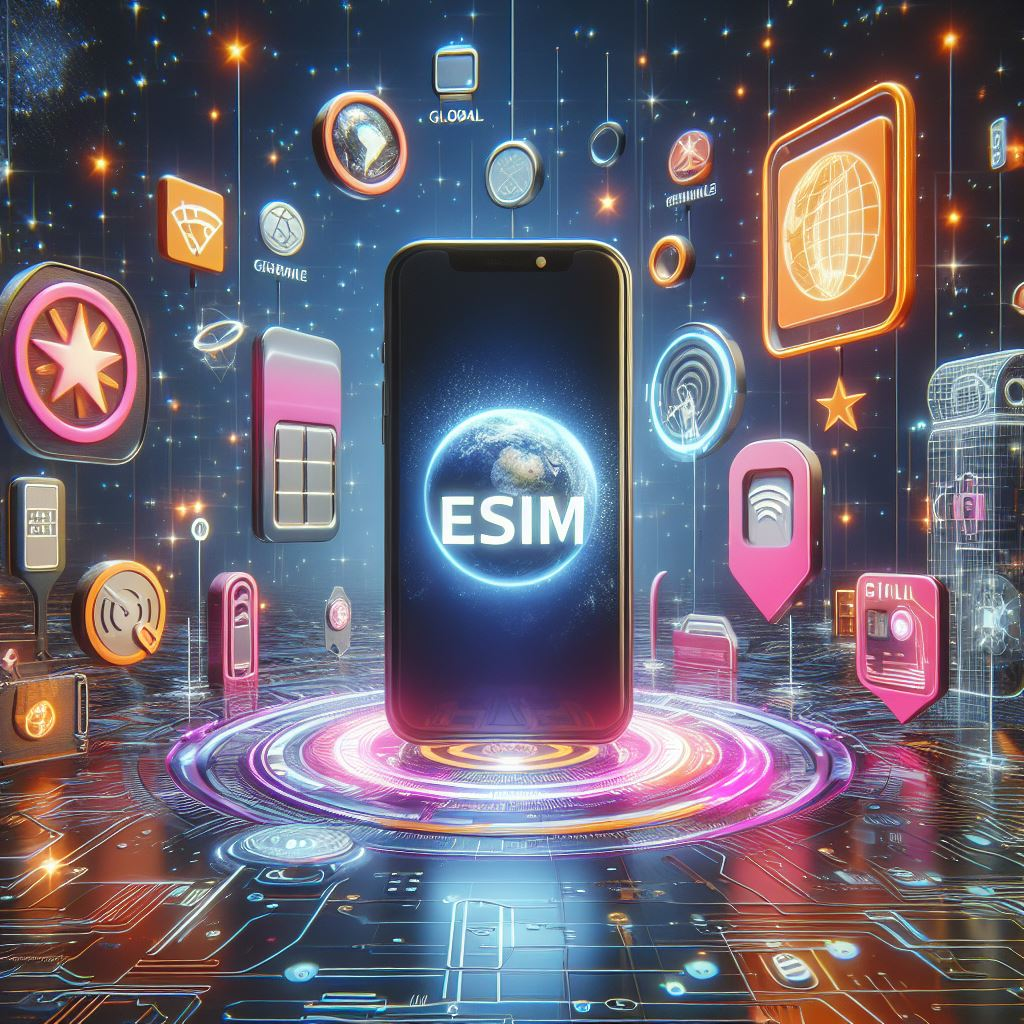 Smartphone surrounded by diverse eSIM data plan logos