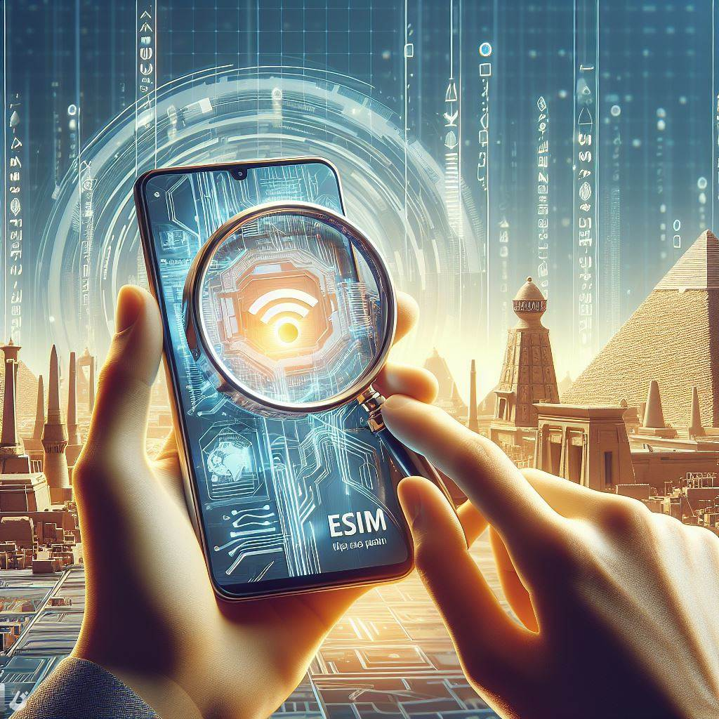Smartphone with a magnifying glass analyzing eSIM plans