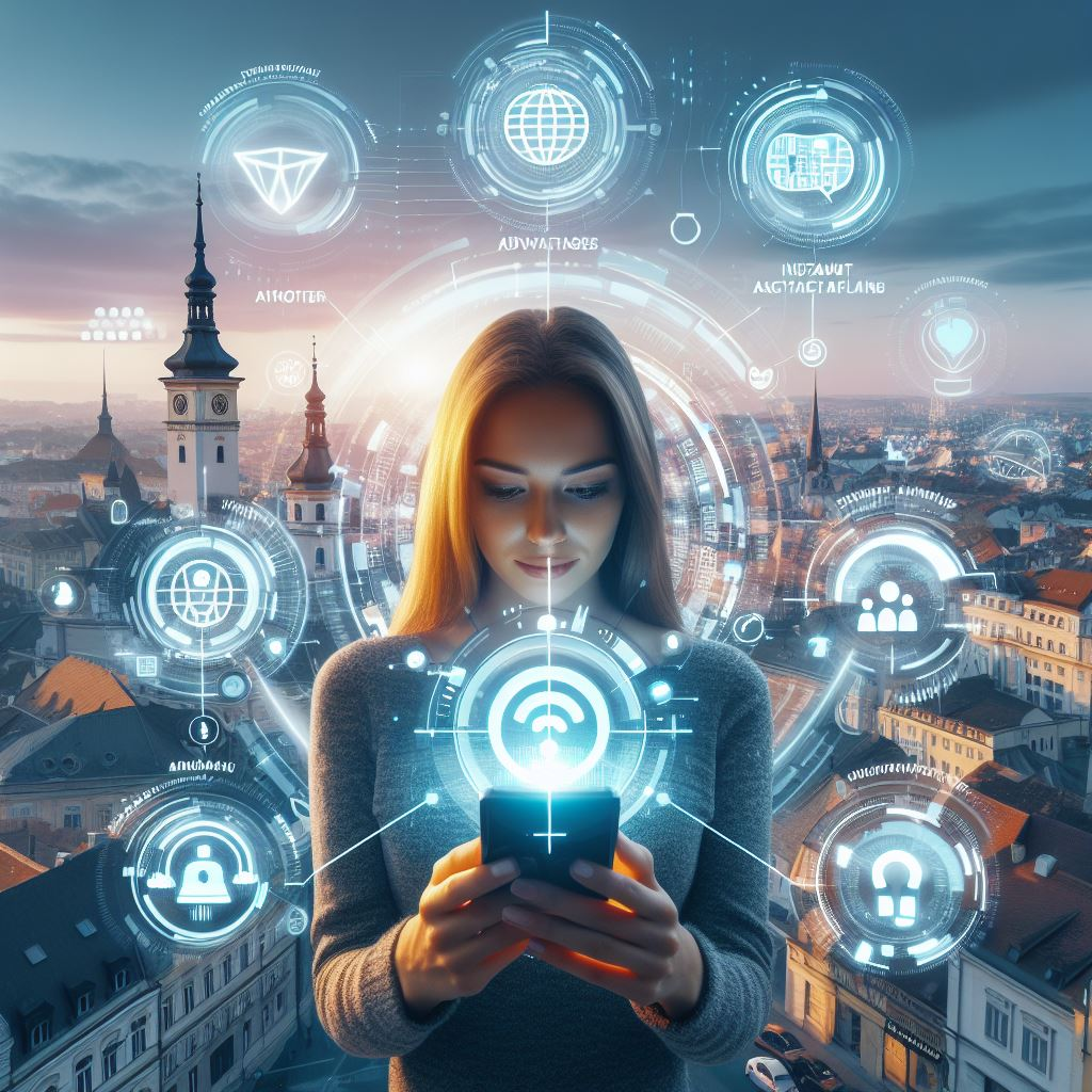 A person holding a smartphone with an eSIM card, surrounded by icons depicting advantages such as instant activation, customizable plans, and global coverage