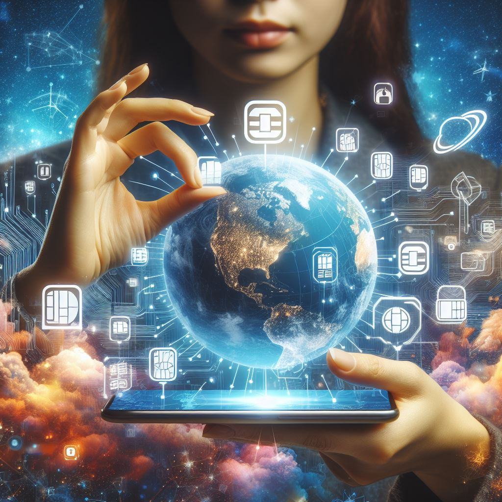 Lady holding international SIM cards with icons representing different data plans