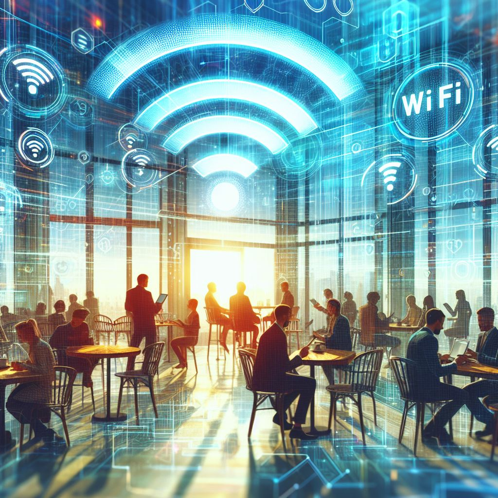 People in a café with Wi-Fi symbols overhead