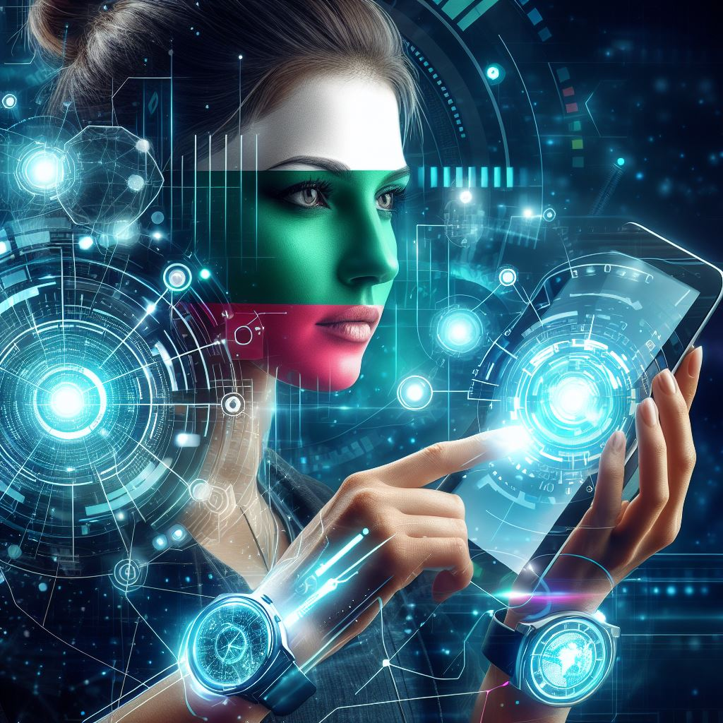 Una persona con varios dispositivos, como una tableta y un reloj inteligente, todos conectados mediante eSIM