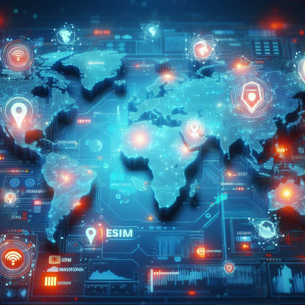A world map with eSIM symbols positioned over various countries, representing the global reach of eSIM technology