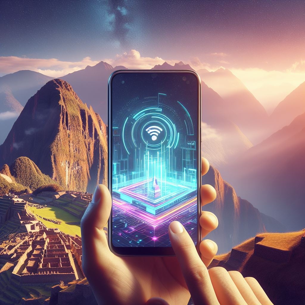 A smartphone with an eSIM activation screen against the backdrop of Machu Picchu