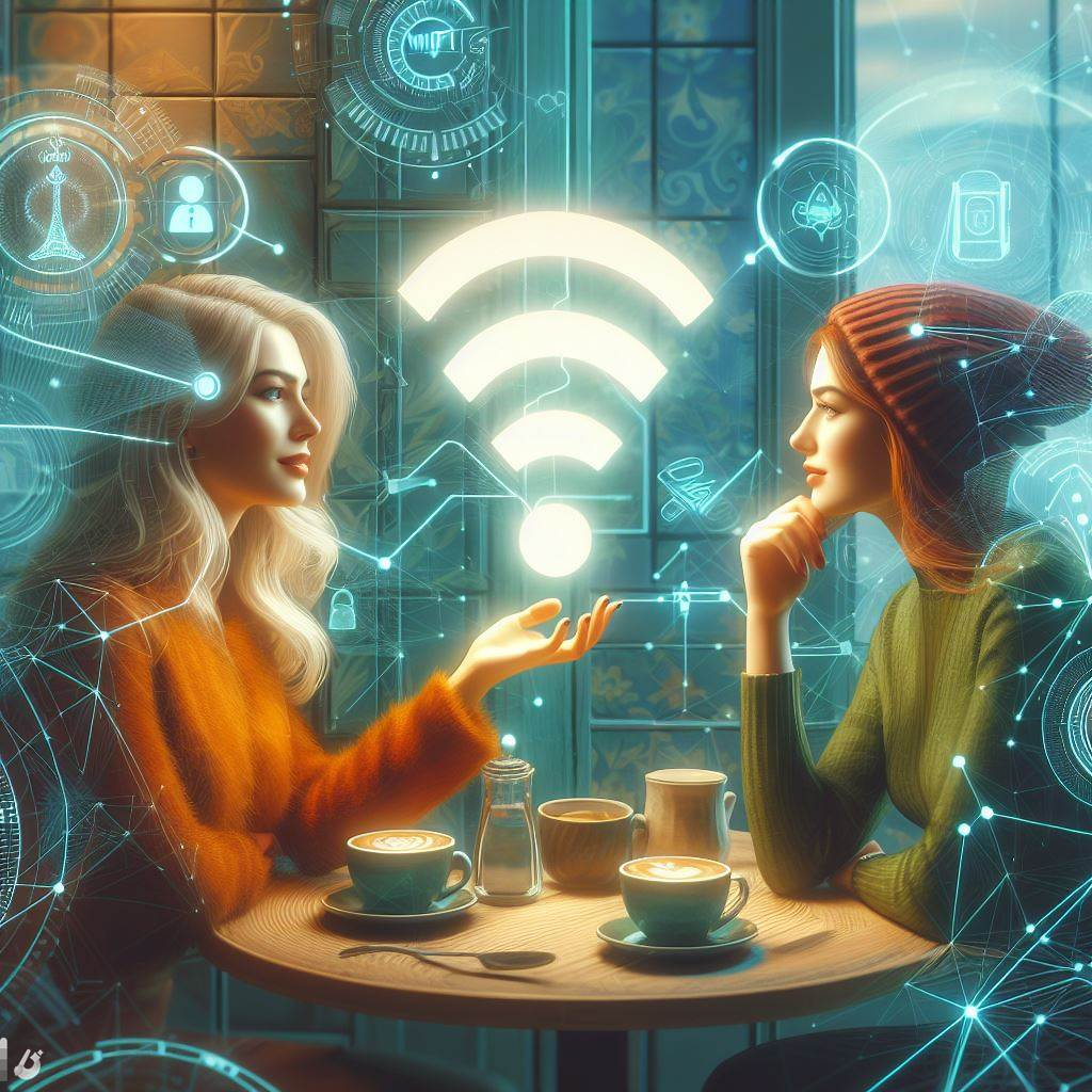 A person enjoying coffee in a café with a free WiFi icon