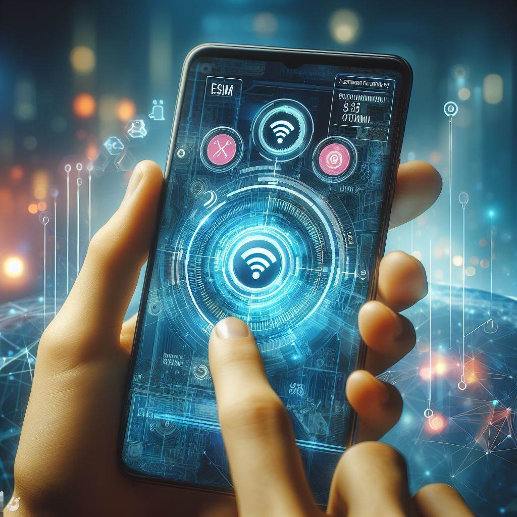 Close-up of a smartphone displaying an advanced connectivity interface with eSIM features