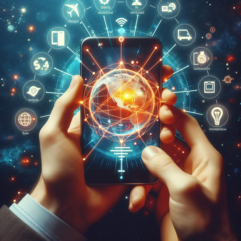 Hands holding a smartphone with an international roaming icon