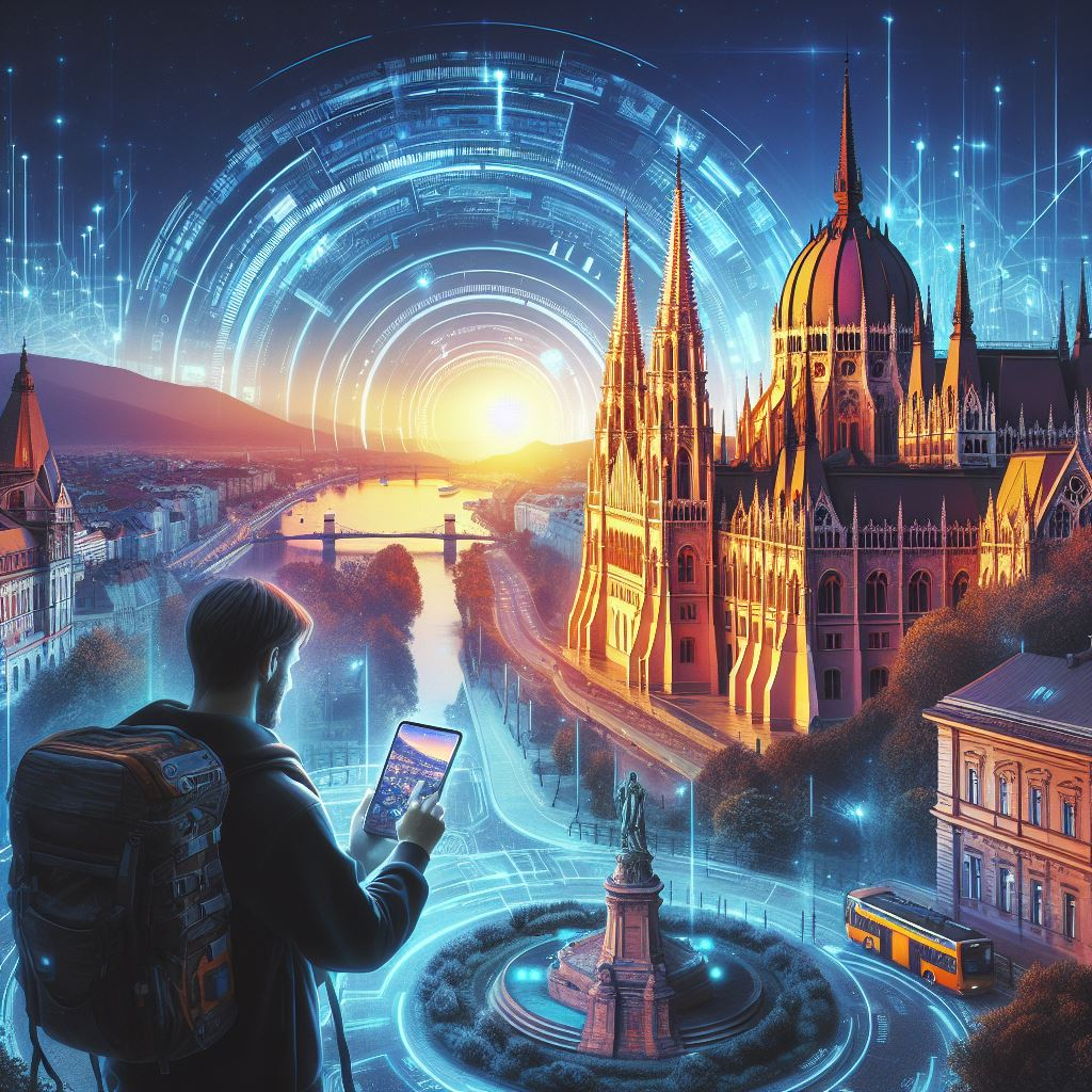 A traveler using a smartphone with eSIM in hand, exploring historical sites in Hungary