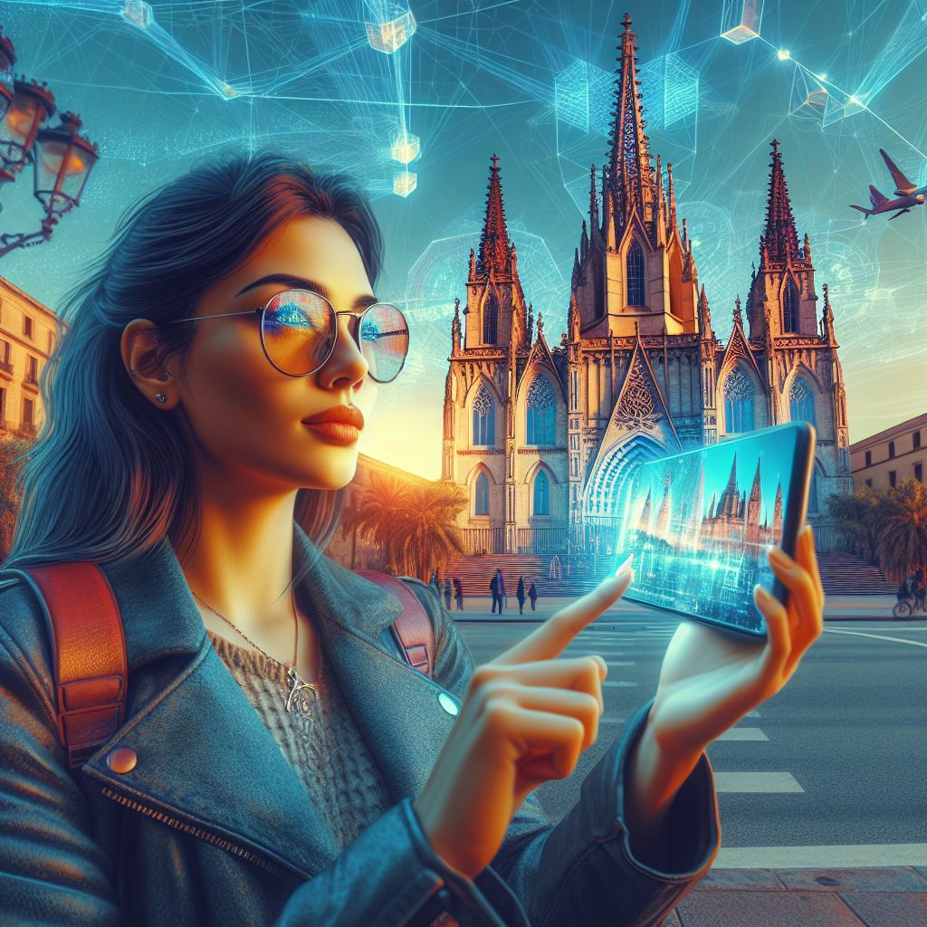 A person making a video call with Barcelona's iconic landmarks in the background