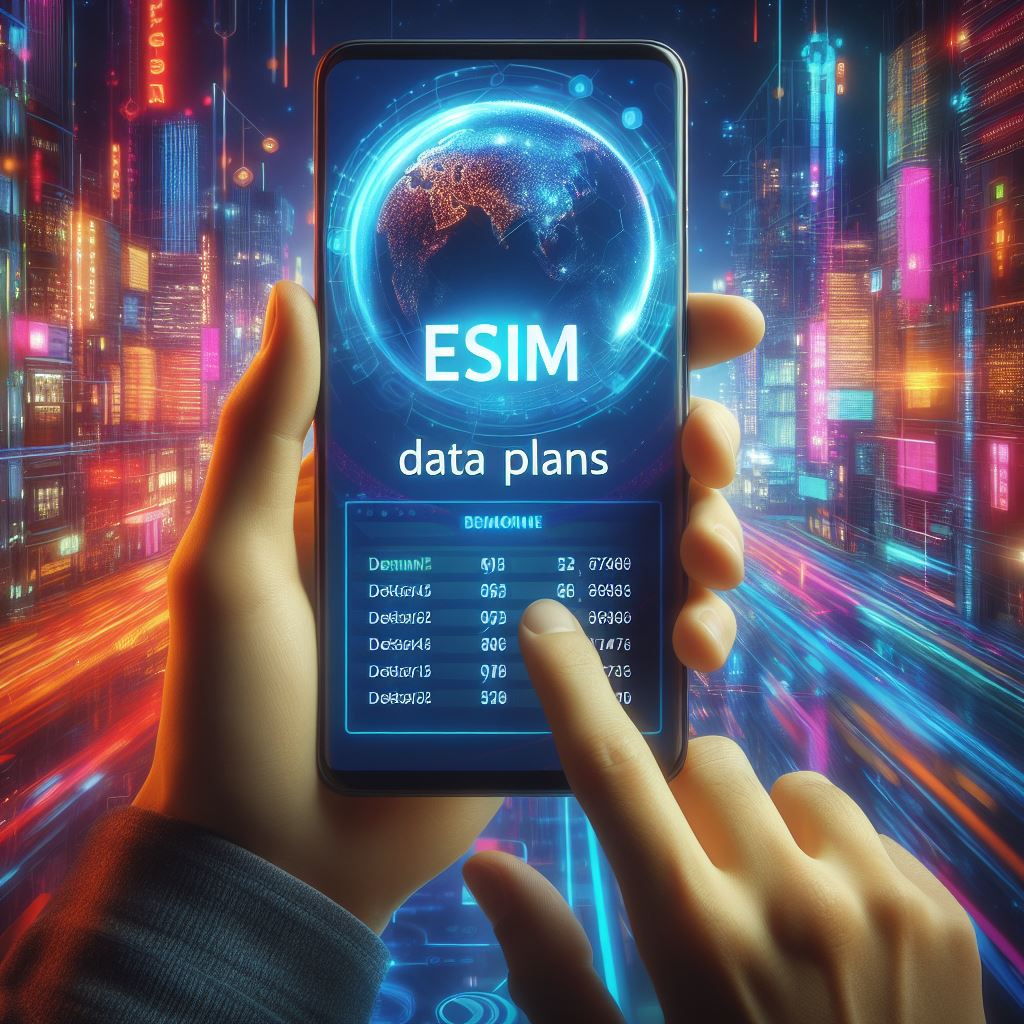 A person holding a smartphone displaying a list of eSIM data plans on the screen