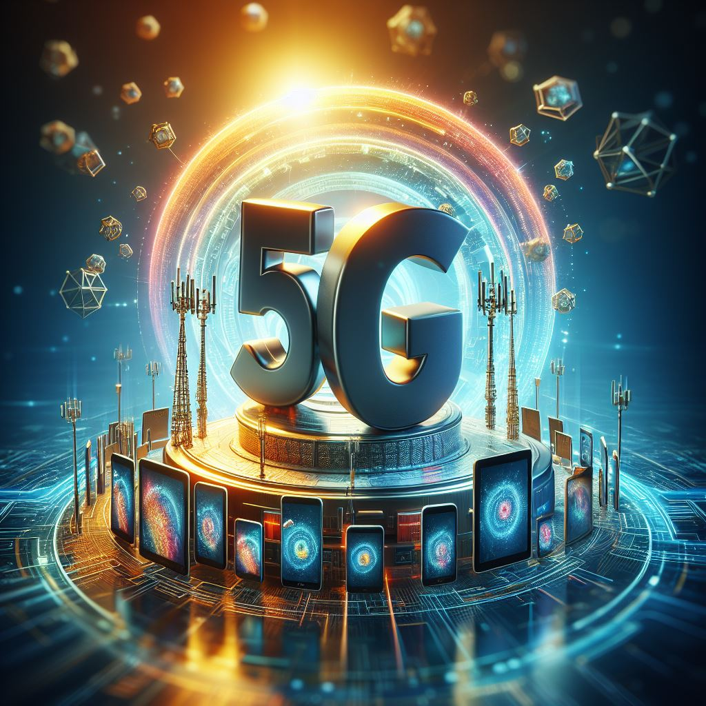 Towering 5G symbol intertwined with eSIM graphics