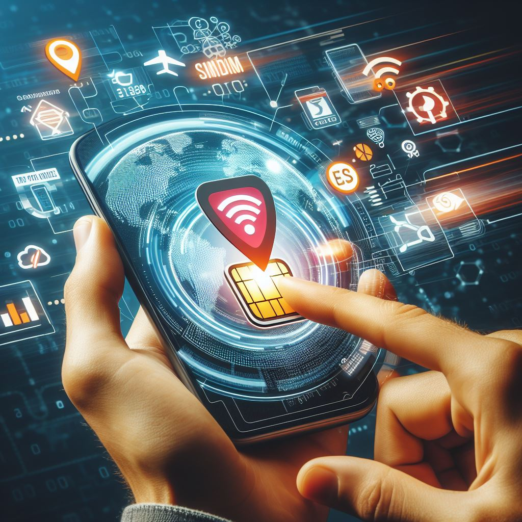 A person using a smartphone to initiate an eSIM delivery and top-up request, with icons representing speed and convenience