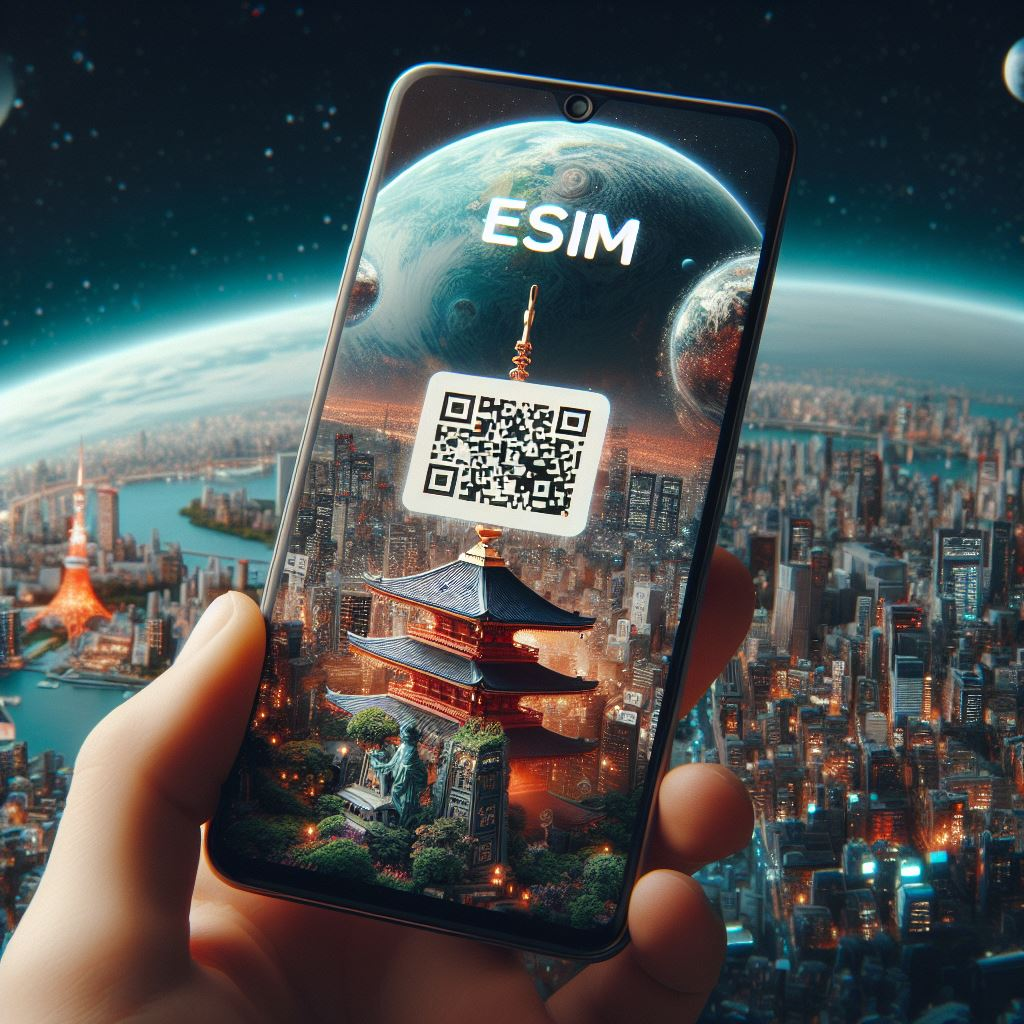 Close-up of an eSIM-enabled device showing a QR code for Japan's mobile network