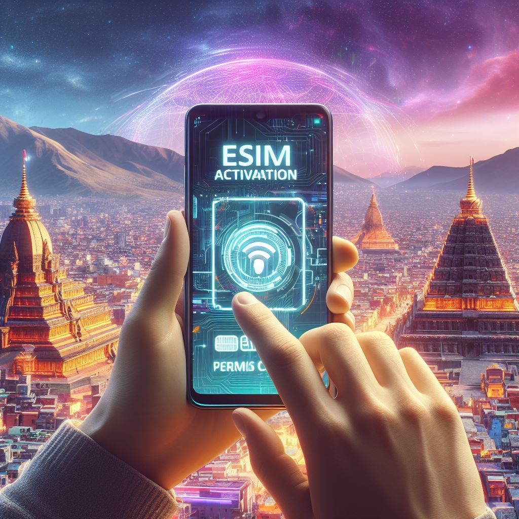 Hands holding a device with an eSIM activation message and a list of providers