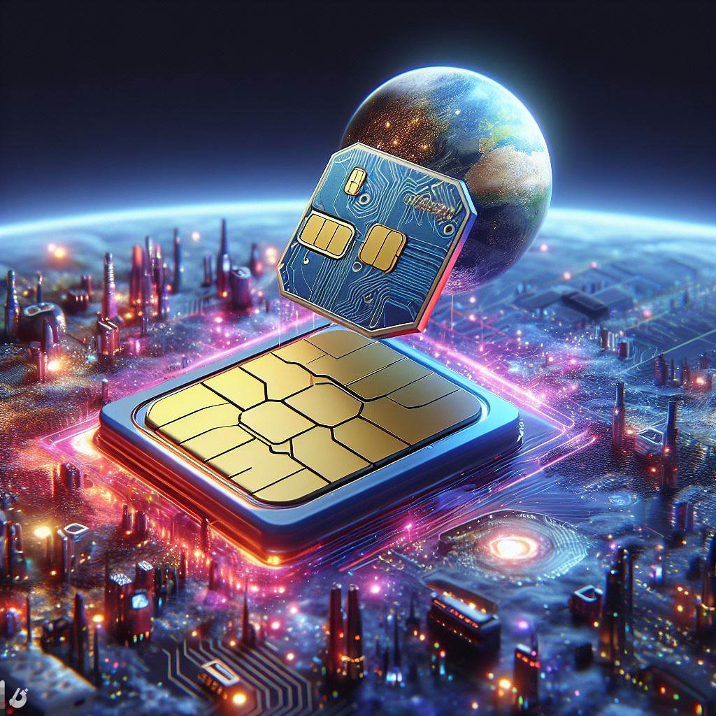A visual comparison of a physical SIM card and an eSIM chip