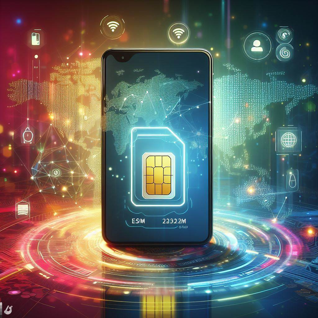 A smartphone with an eSIM card, displaying simplified connectivity icons and a world map