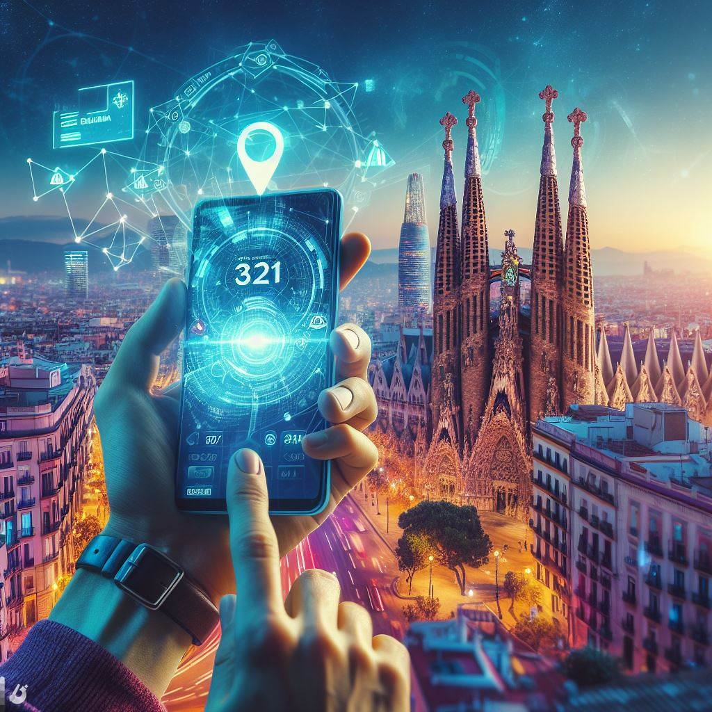 A traveler navigating Barcelona with a smartphone featuring eSIM technology